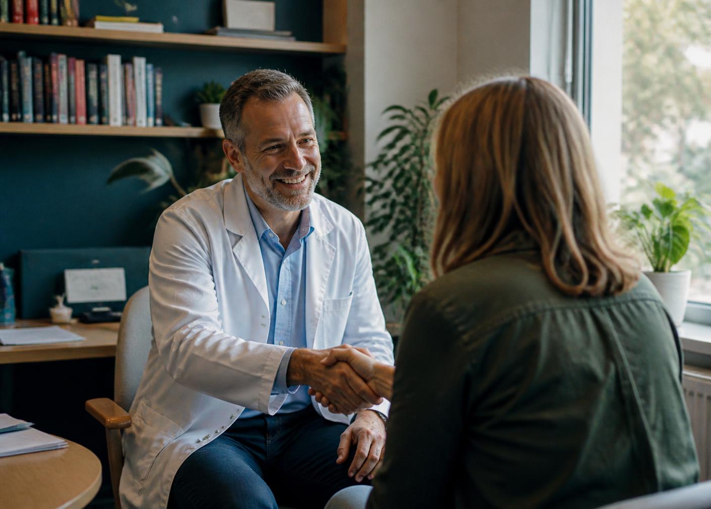 Un médecin accueillant une patiente avec le sourire dans son cabinet
