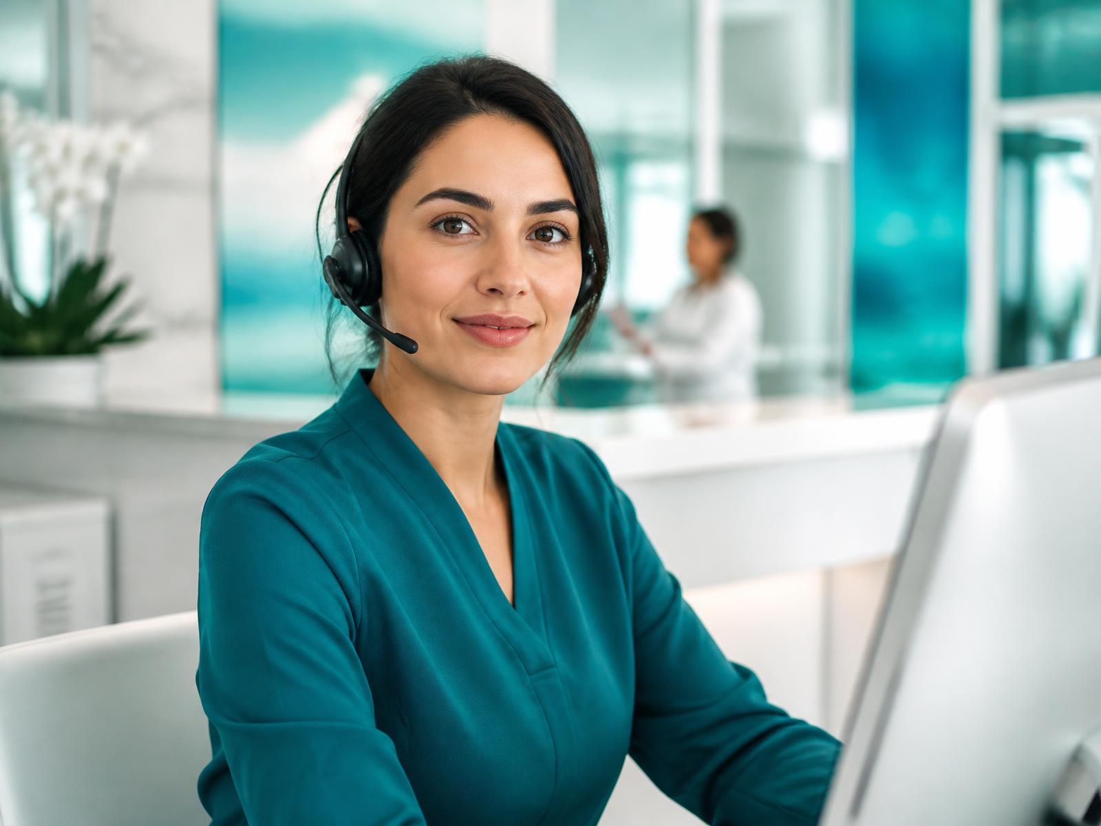 A Careline coordinator assisting a patient by phone in a bright clinic reception