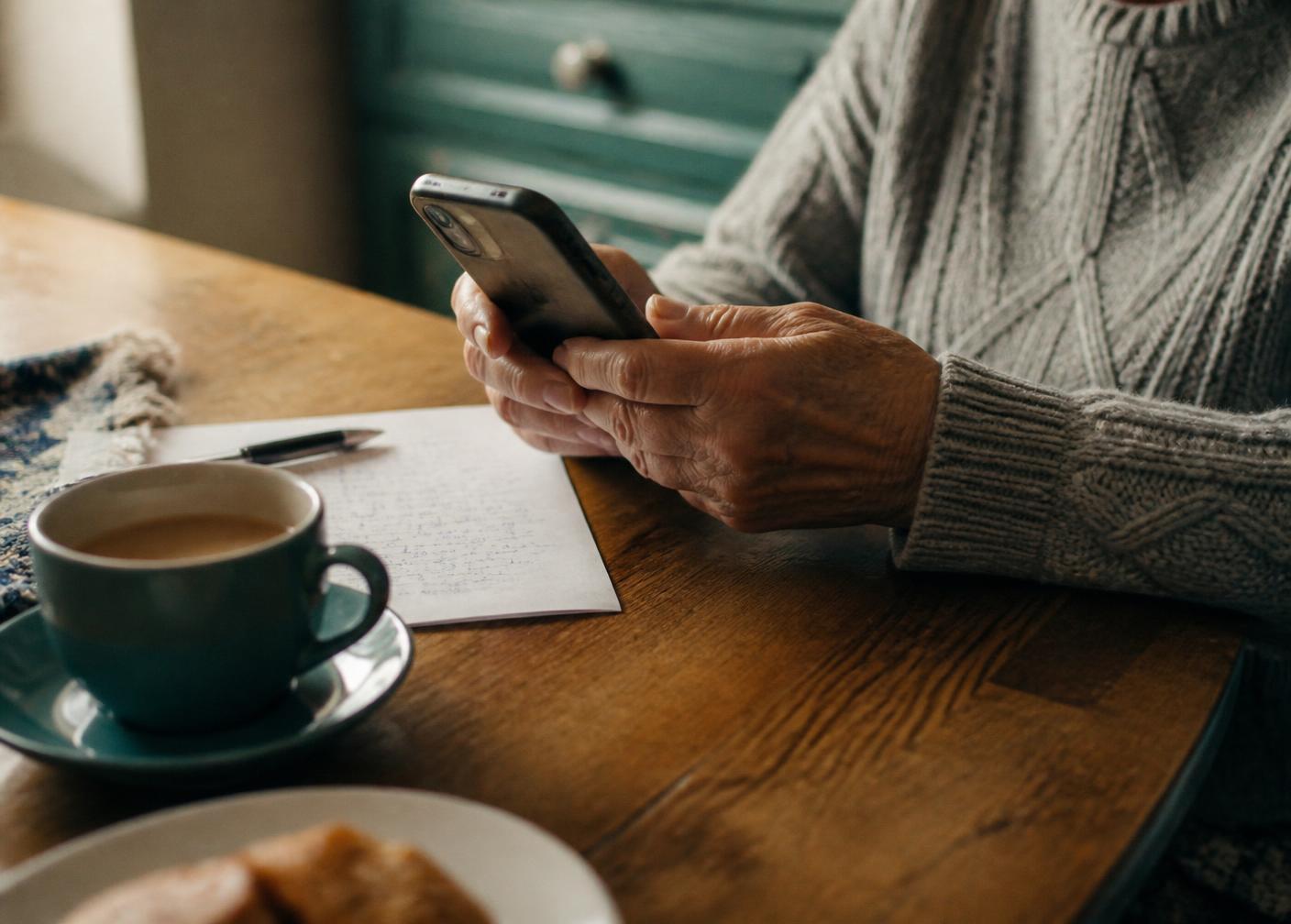 Les mains d'une patiente tenant son téléphone à la table de sa cuisine